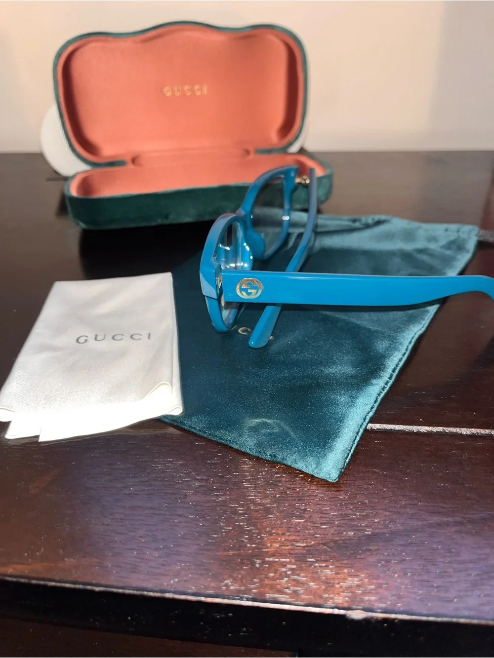Gucci Teal Eyeglass Frames with Velvet Pouch and Case